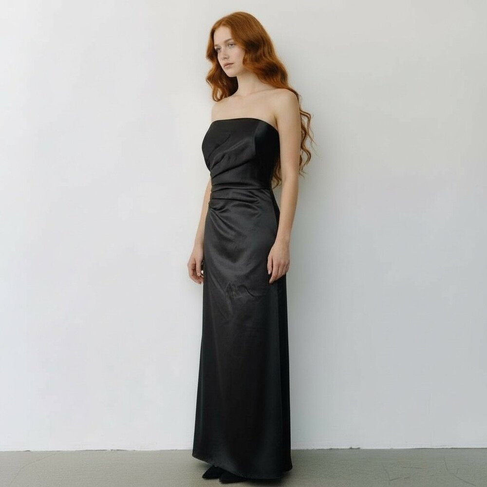 Vintage ABS 90s Y2K USA Made Strapless Evening Dress Black Satin Formal Gown